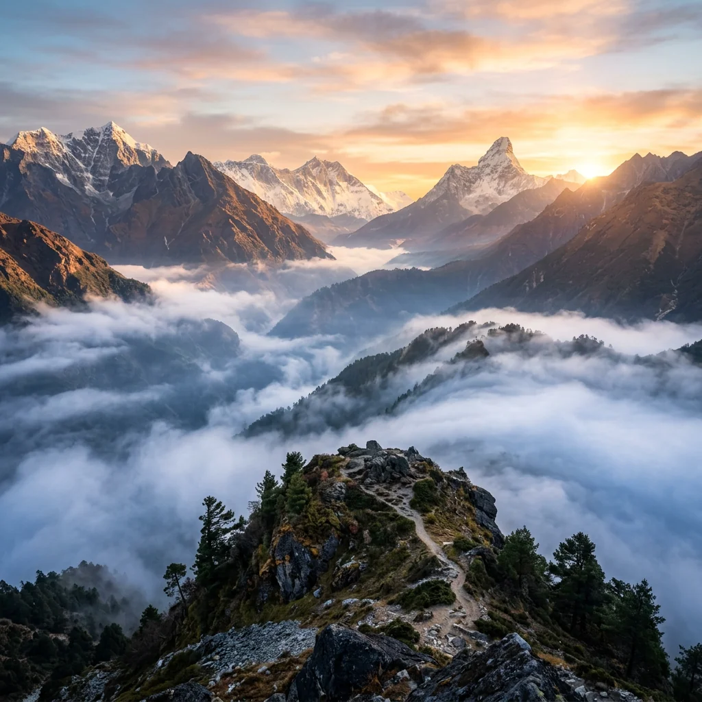 Sunrise illuminating snowy Himalayan mountain peaks with clouds filling the valleys below